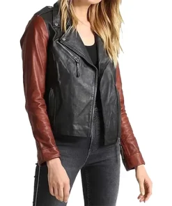 Womens-Brown-and-Black-Leather-Biker-Jacke-