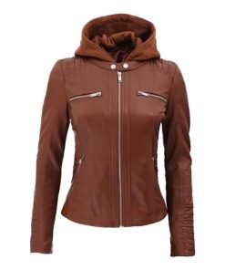 Womens Cafe Racer Detachable Leather Hooded Jacket