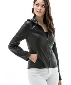 Women’s Real Black Leather Hooded Jacket