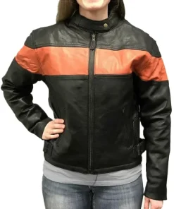 Womens-Orange-Striped-Black-Leather-Jacket