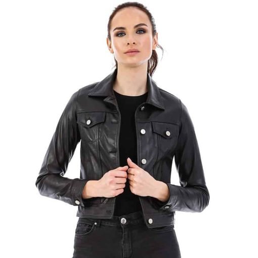 Women’s Real Black Leather Eva Bomber Jacket