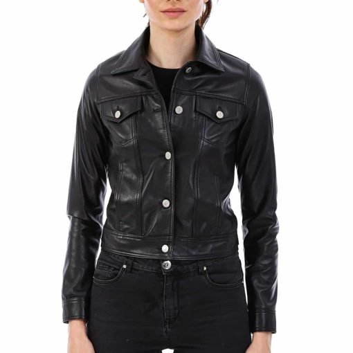 Women’s Real Black Leather Eva Bomber Jacket