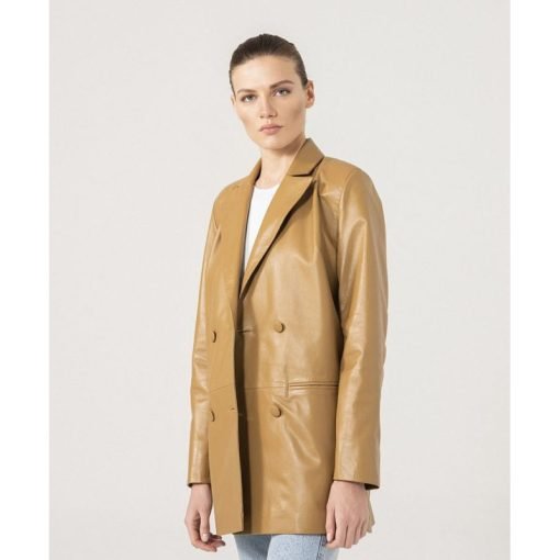 Women's Sand Double Breasted Leather Blazer