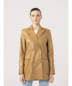 Women's Sand Double Breasted Leather Blazer