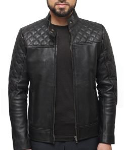 Mens Quilted Black Leather Jacket