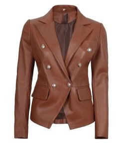 Women's Double Breasted Brown Leather Blazer Jacket