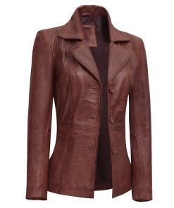 Women's Cognac Brown Leather Blazer