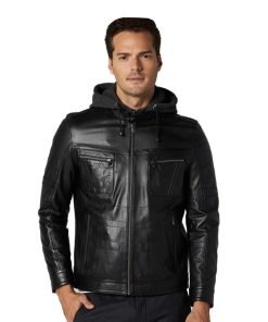 Men’s Real Black Leather Hooded Fit Jacket