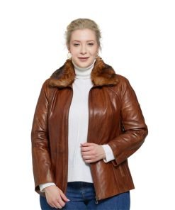 Women’s Real Brown Leather Fur Collar Jacket