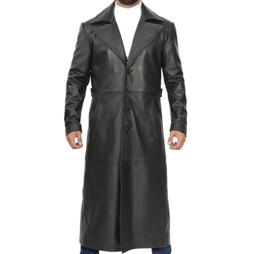 Men's Black Long Leather Duster Coat