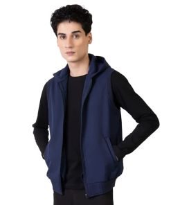 Blue Sleeveless Zipper Jacket With Hoodie