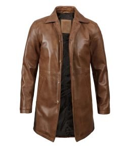 Men's Real Leather Camel Brown 3 4 Length Car Coat