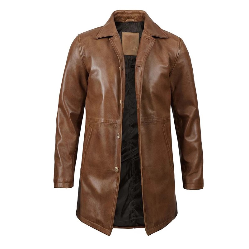 Men's Real Leather Camel Brown 3 4 Length Car Coat