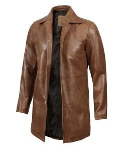 Men's Real Leather Camel Brown 3 4 Length Car Coat