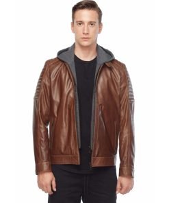 Men’s Real Brown Leather Hooded Jacket