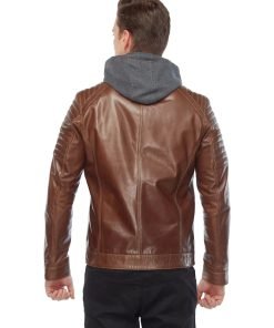 Men’s Real Brown Leather Hooded Jacket
