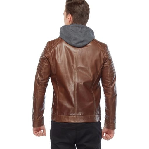 Men’s Real Brown Leather Hooded Jacket