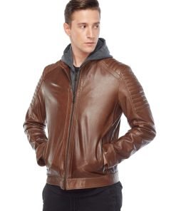 Men’s Real Brown Leather Hooded Jacket