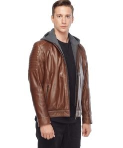 Men’s Real Brown Leather Hooded Jacket