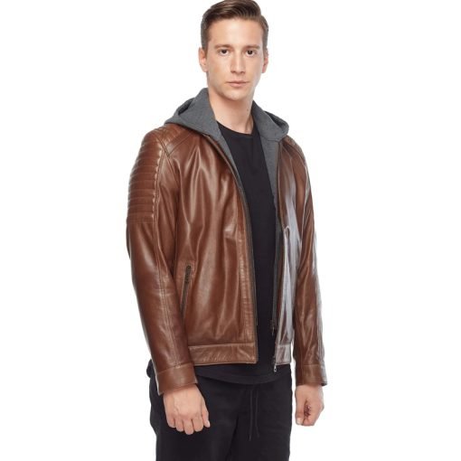 Men’s Real Brown Leather Hooded Jacket