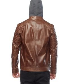 Men’s Real Brown Leather Hooded Jacket