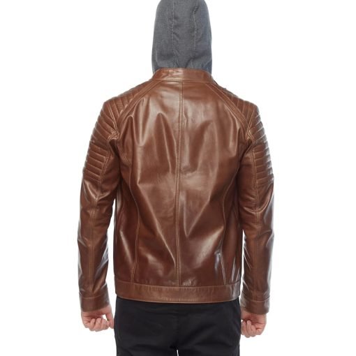 Men’s Real Brown Leather Hooded Jacket