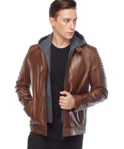 Men’s Real Brown Leather Hooded Jacket