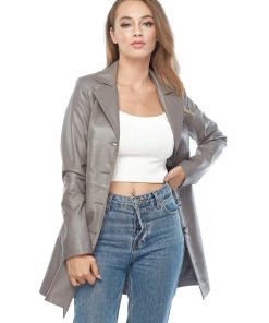 Women’s Real Grey Leather Long Coat
