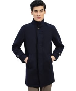 Dark Blue Wool Blended Long Coat