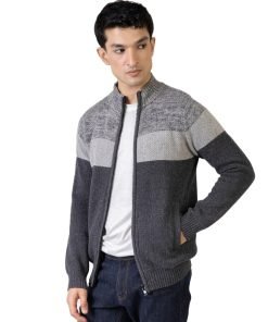 Grey Two Tone Chunky Knitted Zipper Jacket