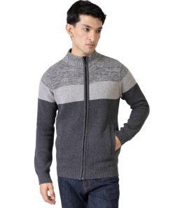 Grey Two Tone Chunky Knitted Zipper Jacket