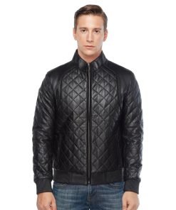 Men’s Real Black Leather Quilted Bomber Jacket