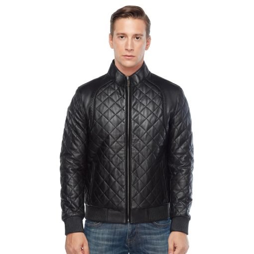 Men’s Real Black Leather Quilted Bomber Jacket