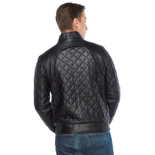 Men’s Real Black Leather Quilted Bomber Jacket