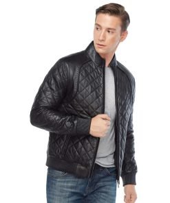 Men’s Real Black Leather Quilted Bomber Jacket