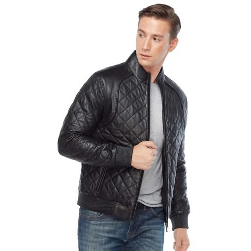 Men’s Real Black Leather Quilted Bomber Jacket