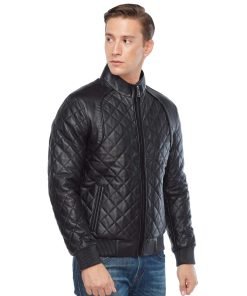 Men’s Real Black Leather Quilted Bomber Jacket