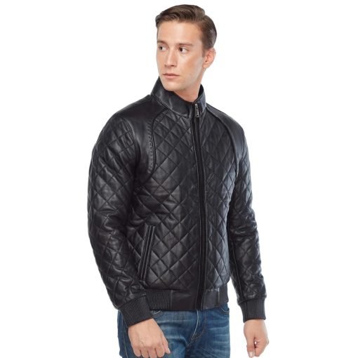 Men’s Real Black Leather Quilted Bomber Jacket