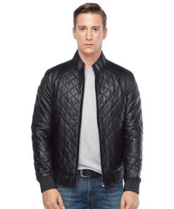 Men’s Real Black Leather Quilted Bomber Jacket