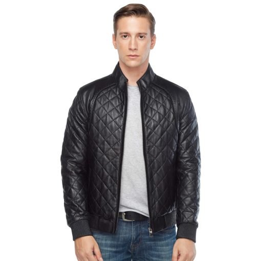 Men’s Real Black Leather Quilted Bomber Jacket