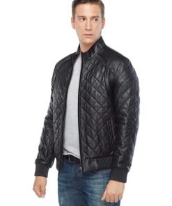 Men’s Real Black Leather Quilted Bomber Jacket