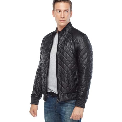 Men’s Real Black Leather Quilted Bomber Jacket