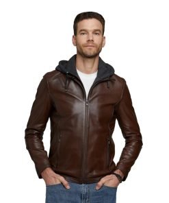 Men’s Real Brown Leather Hooded Jacket