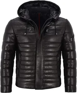 Mens-Black-Puffer-Hooded-Quilted-Leather-Jacket