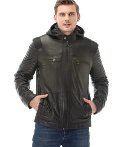 Men’s Real Black Leather Hooded Vegetal Jacket