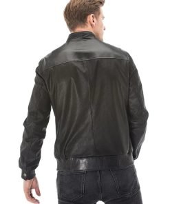 Men’s Real Black Leather Square Printed Vegetal Jacket