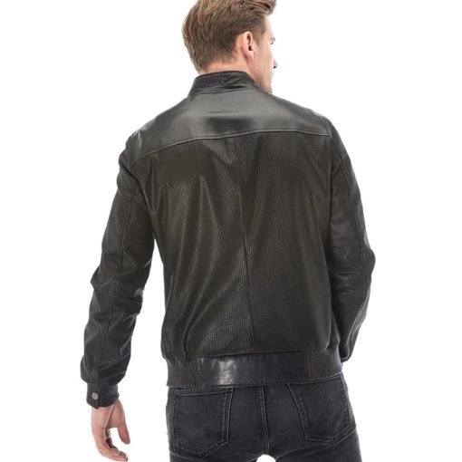 Men’s Real Black Leather Square Printed Vegetal Jacket