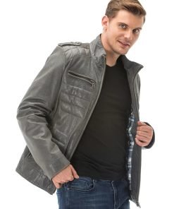 Men’s Real Grey Leather Ornamental Stitch Jacket