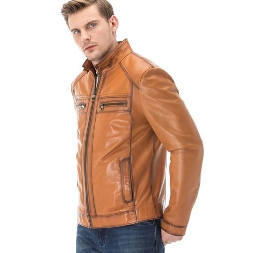 Men’s Real Light Brown Leather Black-out Jacket