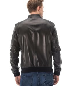 Men’s Real Navy-Blue Leather Printed Jacket